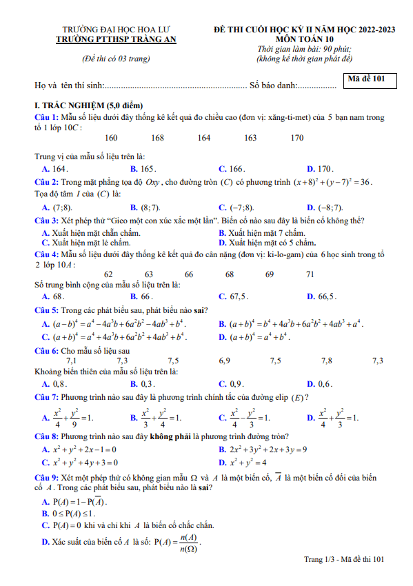 Đề cuối học kỳ 2 Toán 10 năm 2022 2023 trường PTTHSP Tràng An Ninh Bình