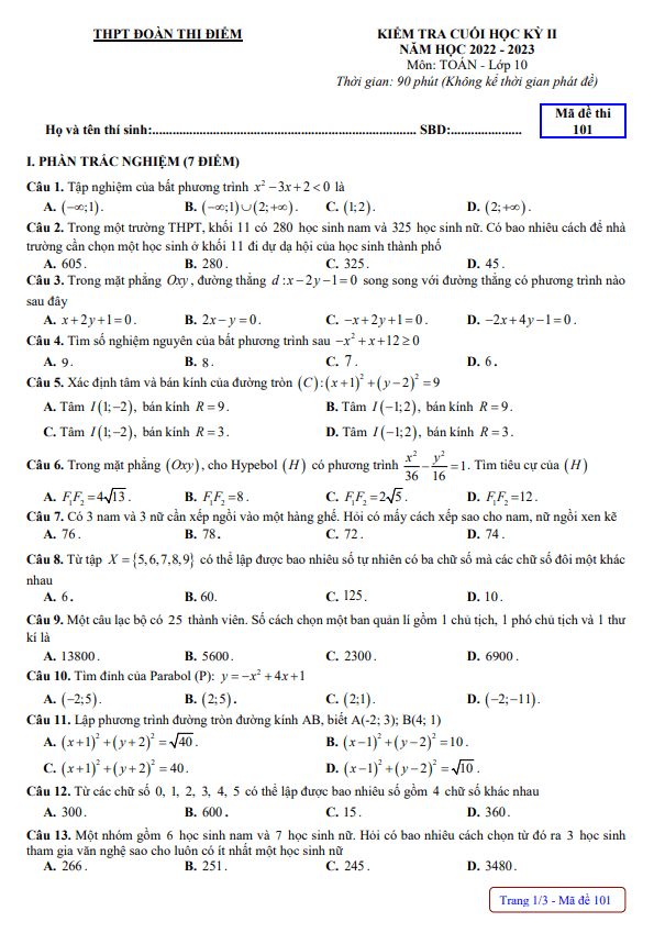 Đề cuối học kỳ 2 Toán 10 năm 2022 2023 trường THPT Đoàn Thị Điểm Quảng Ninh