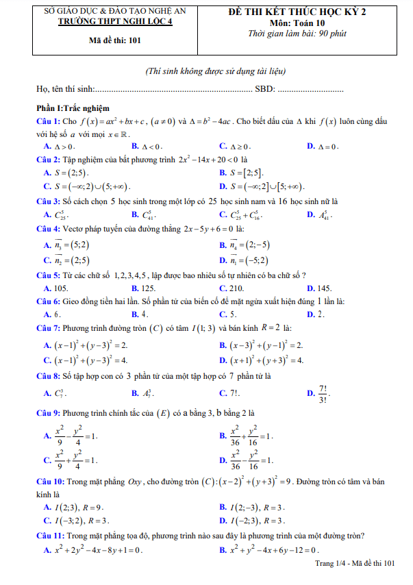Đề cuối học kỳ 2 Toán 10 năm 2022 2023 trường THPT Nghi Lộc 4 Nghệ An