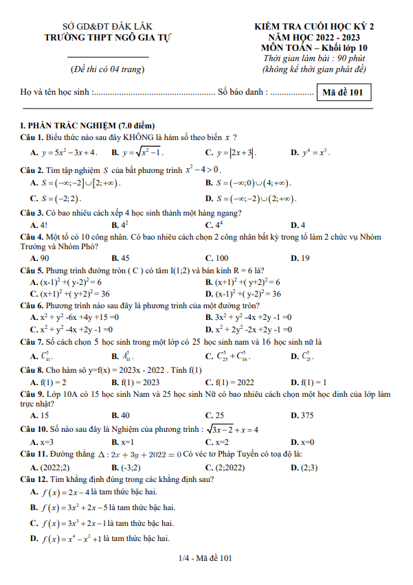 Đề cuối học kỳ 2 Toán 10 năm 2022 2023 trường THPT Ngô Gia Tự Đắk Lắk