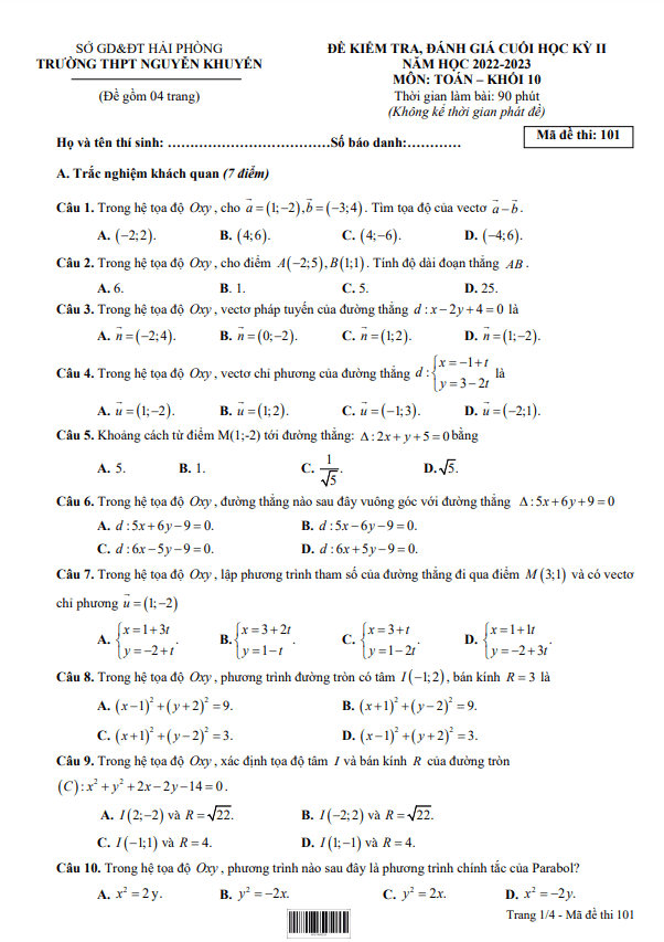 Đề cuối học kỳ 2 Toán 10 năm 2022 2023 trường THPT Nguyễn Khuyến Hải Phòng