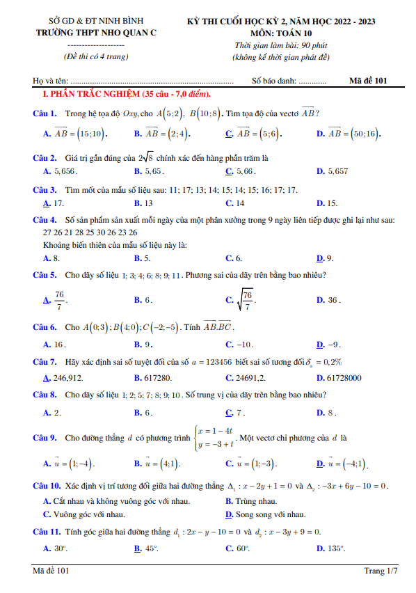 Đề cuối học kỳ 2 Toán 10 năm 2022 2023 trường THPT Nho Quan C Ninh Bình