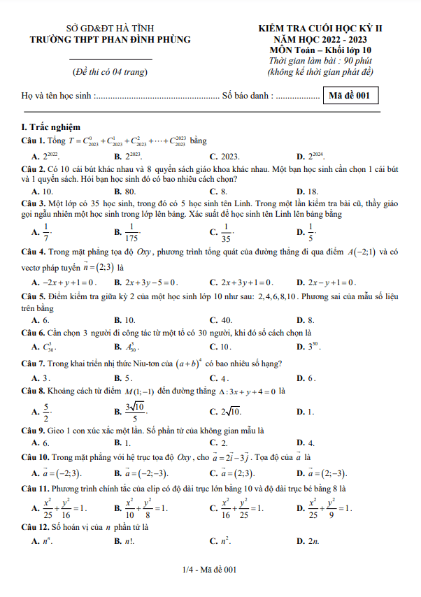 Đề cuối học kỳ 2 Toán 10 năm 2022 2023 trường THPT Phan Đình Phùng Hà Tĩnh