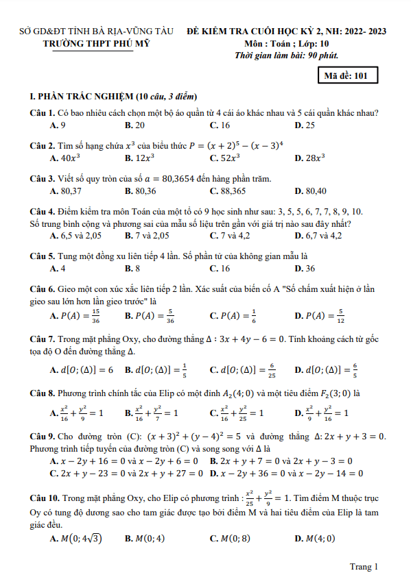 Đề cuối học kỳ 2 Toán 10 năm 2022 2023 trường THPT Phú Mỹ BR VT