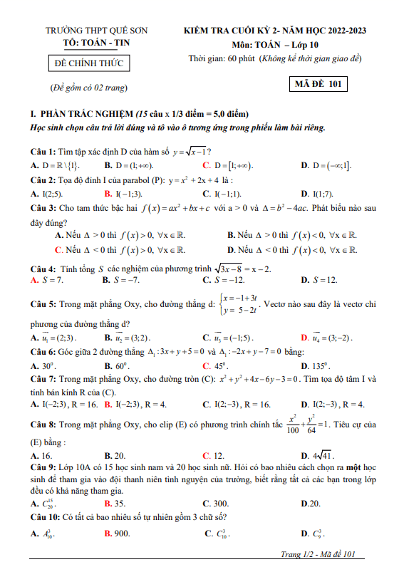 Đề cuối học kỳ 2 Toán 10 năm 2022 2023 trường THPT Quế Sơn Quảng Nam