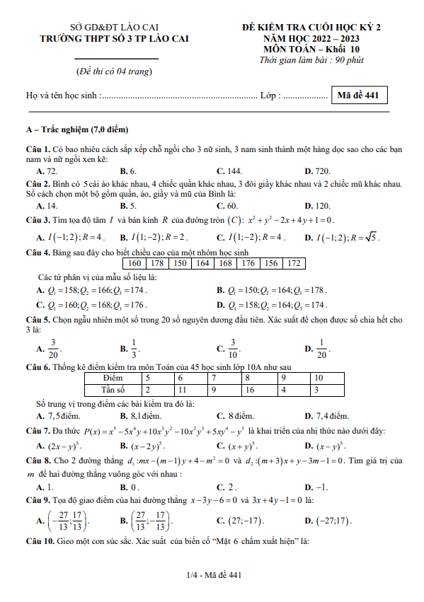 Đề cuối học kỳ 2 Toán 10 năm 2022 2023 trường THPT số 3 TP Lào Cai