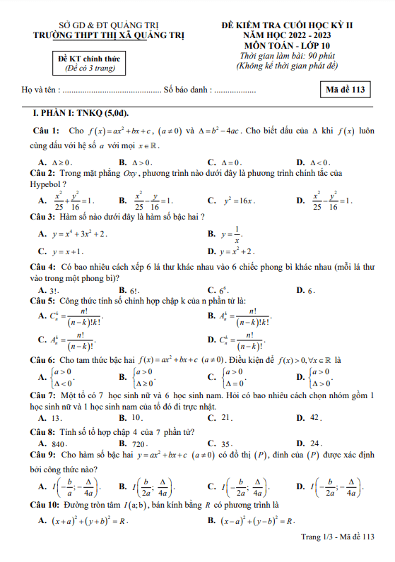 Đề cuối học kỳ 2 Toán 10 năm 2022 2023 trường THPT Thị xã Quảng Trị