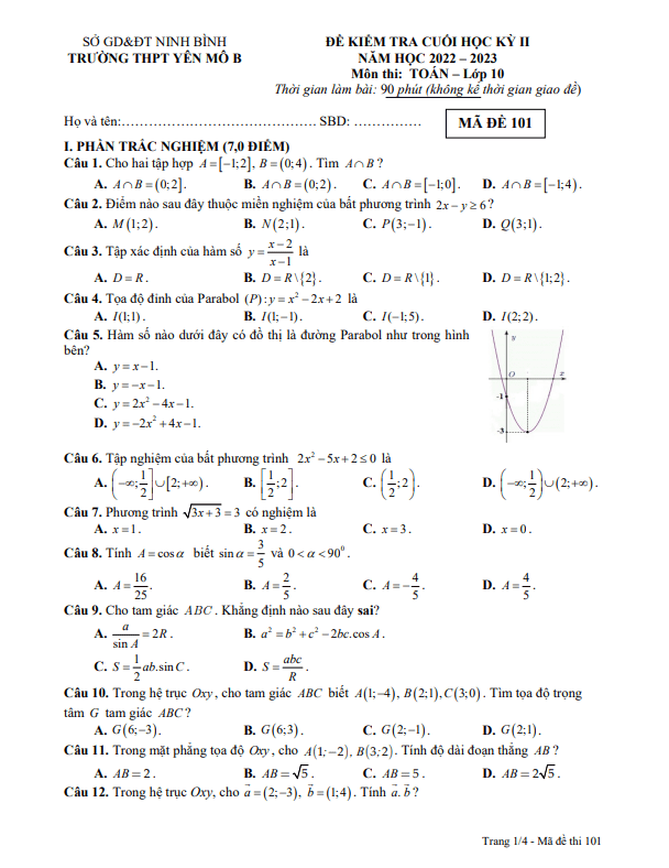 Đề cuối học kỳ 2 Toán 10 năm 2022 2023 trường THPT Yên Mô B Ninh Bình