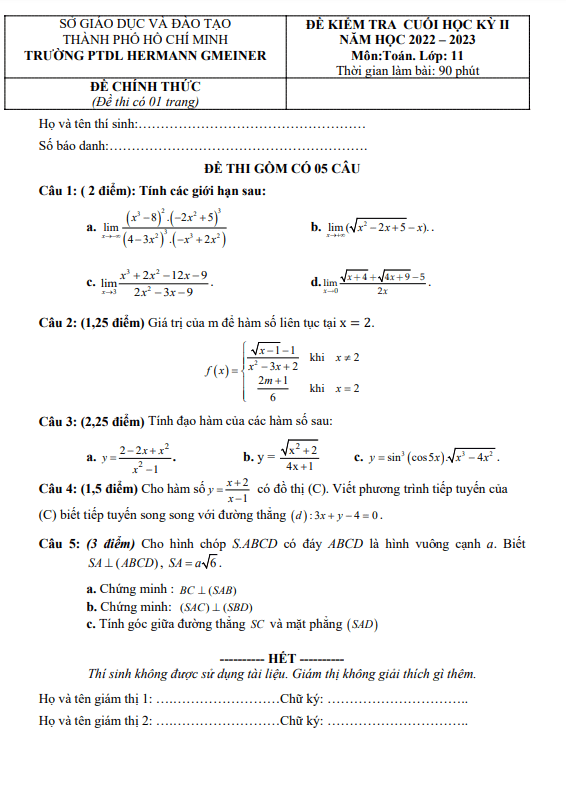 Đề cuối học kỳ 2 Toán 11 năm 2022 2023 trường PTDL Hermann Gmeiner TP HCM