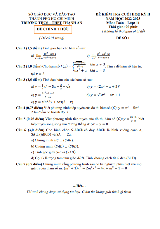 Đề cuối học kỳ 2 Toán 11 năm 2022 2023 trường THCS & THPT Thạnh An TP HCM