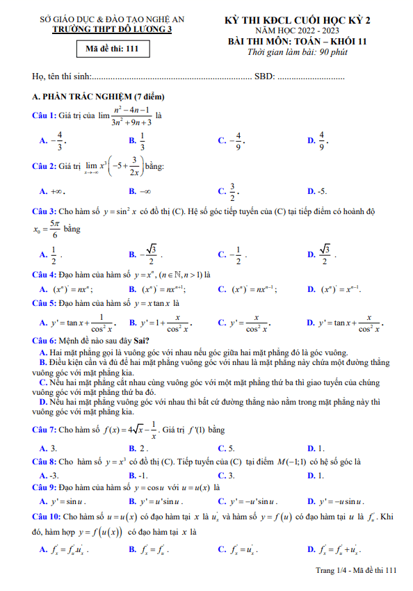 Đề cuối học kỳ 2 Toán 11 năm 2022 2023 trường THPT Đô Lương 3 Nghệ An