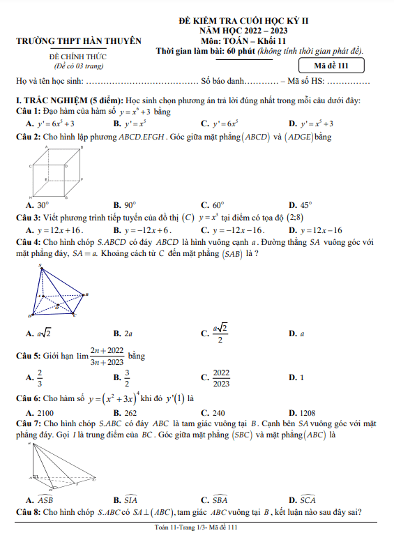 Đề cuối học kỳ 2 Toán 11 năm 2022 2023 trường THPT Hàn Thuyên TP HCM