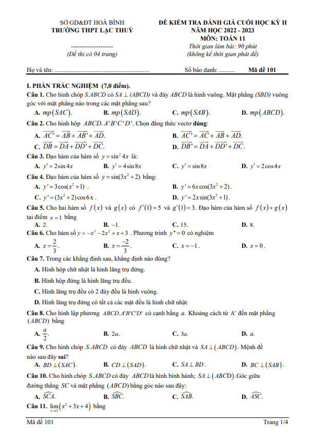Đề cuối học kỳ 2 Toán 11 năm 2022 2023 trường THPT Lạc Thủy Hòa Bình