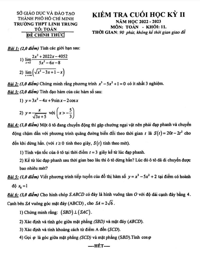 Đề cuối học kỳ 2 Toán 11 năm 2022 2023 trường THPT Linh Trung TP HCM