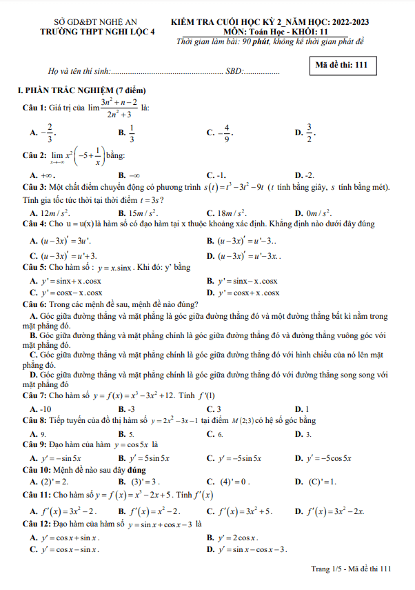 Đề cuối học kỳ 2 Toán 11 năm 2022 2023 trường THPT Nghi Lộc 4 Nghệ An
