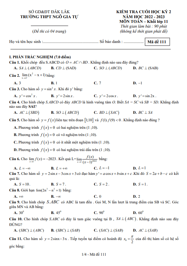 Đề cuối học kỳ 2 Toán 11 năm 2022 2023 trường THPT Ngô Gia Tự Đắk Lắk
