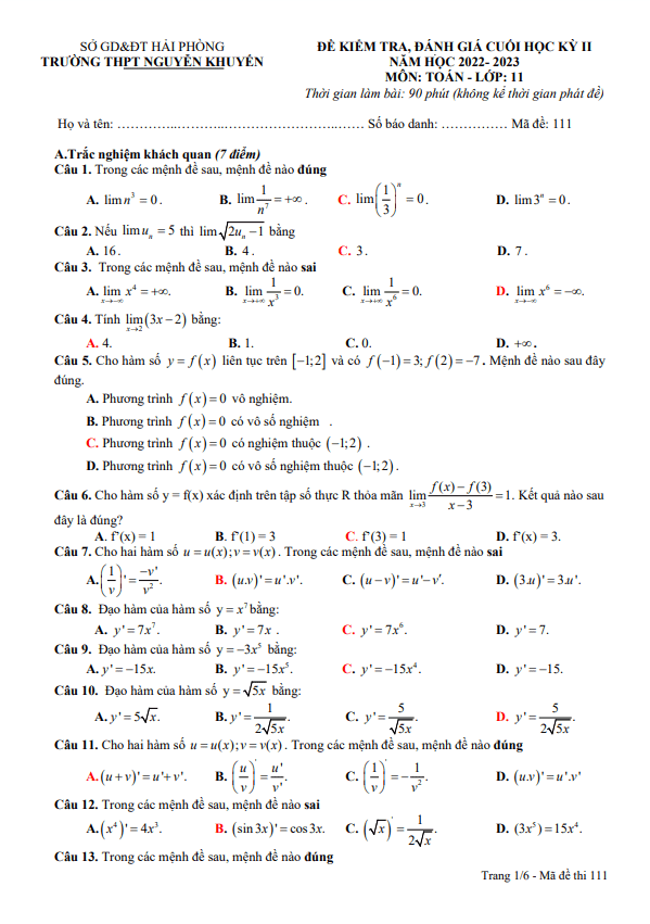 Đề cuối học kỳ 2 Toán 11 năm 2022 2023 trường THPT Nguyễn Khuyến Hải Phòng