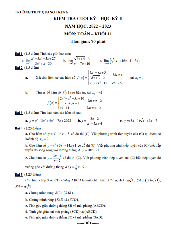 Đề cuối học kỳ 2 Toán 11 năm 2022 2023 trường THPT Quang Trung TP HCM