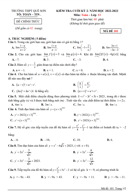 Đề cuối học kỳ 2 Toán 11 năm 2022 2023 trường THPT Quế Sơn Quảng Nam