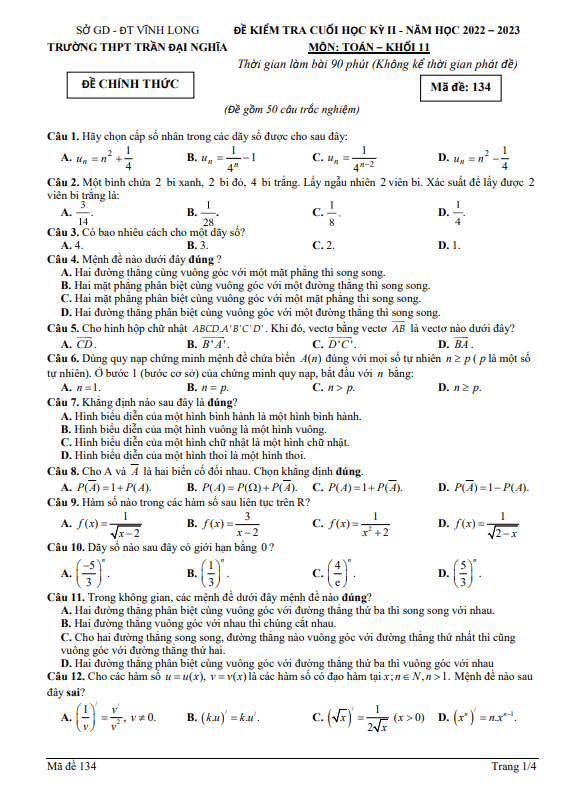 Đề cuối học kỳ 2 Toán 11 năm 2022 2023 trường THPT Trần Đại Nghĩa Vĩnh Long