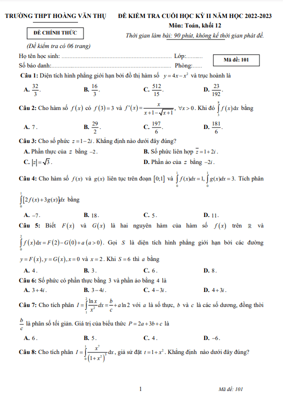 Đề cuối học kỳ 2 Toán 12 năm 2022 2023 trường THPT Hoàng Văn Thụ Khánh Hòa