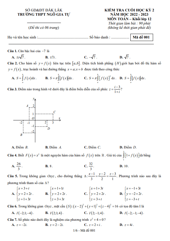 Đề cuối học kỳ 2 Toán 12 năm 2022 2023 trường THPT Ngô Gia Tự Đắk Lắk