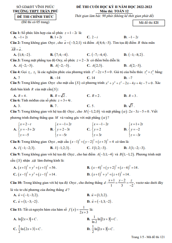 Đề cuối học kỳ 2 Toán 12 năm 2022 2023 trường THPT Trần Phú Vĩnh Phúc