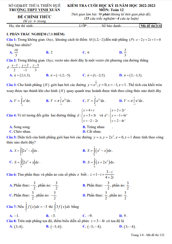 Đề cuối học kỳ 2 Toán 12 năm 2022 2023 trường THPT Vinh Xuân TT Huế