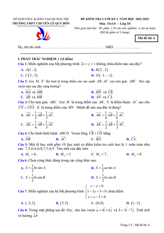 Đề cuối kì 1 Toán 10 năm 2022 2023 trường chuyên Lê Quý Đôn Quảng Trị