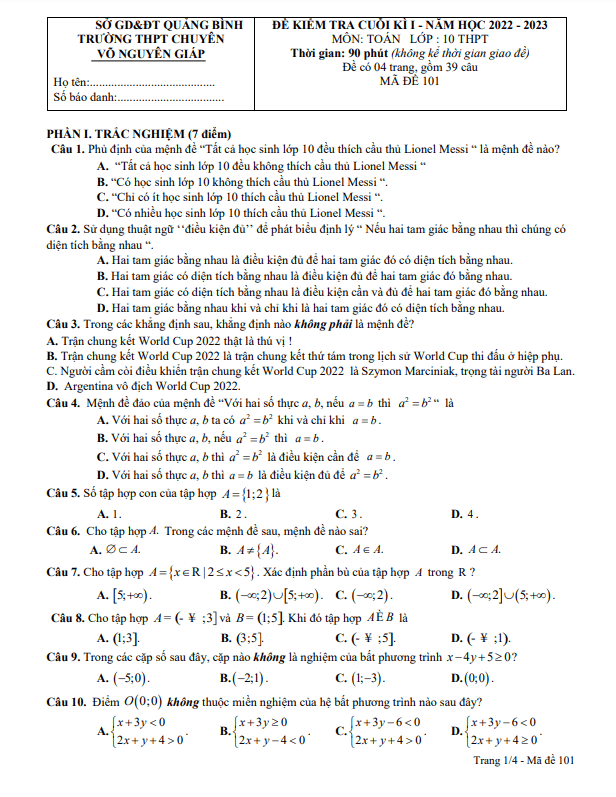 Đề cuối kì 1 Toán 10 năm 2022 2023 trường chuyên Võ Nguyên Giáp Quảng Bình