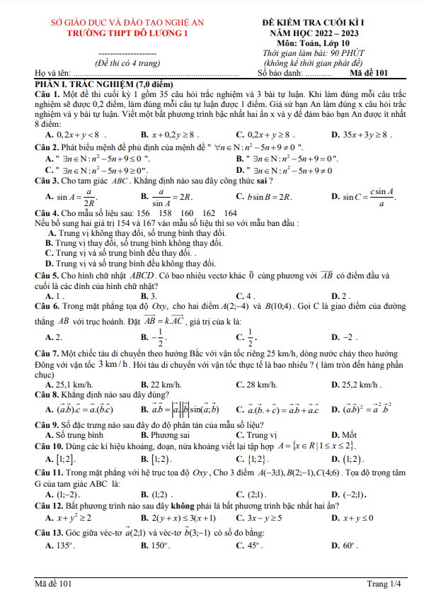 Đề cuối kì 1 Toán 10 năm 2022 2023 trường THPT Đô Lương 1 Nghệ An
