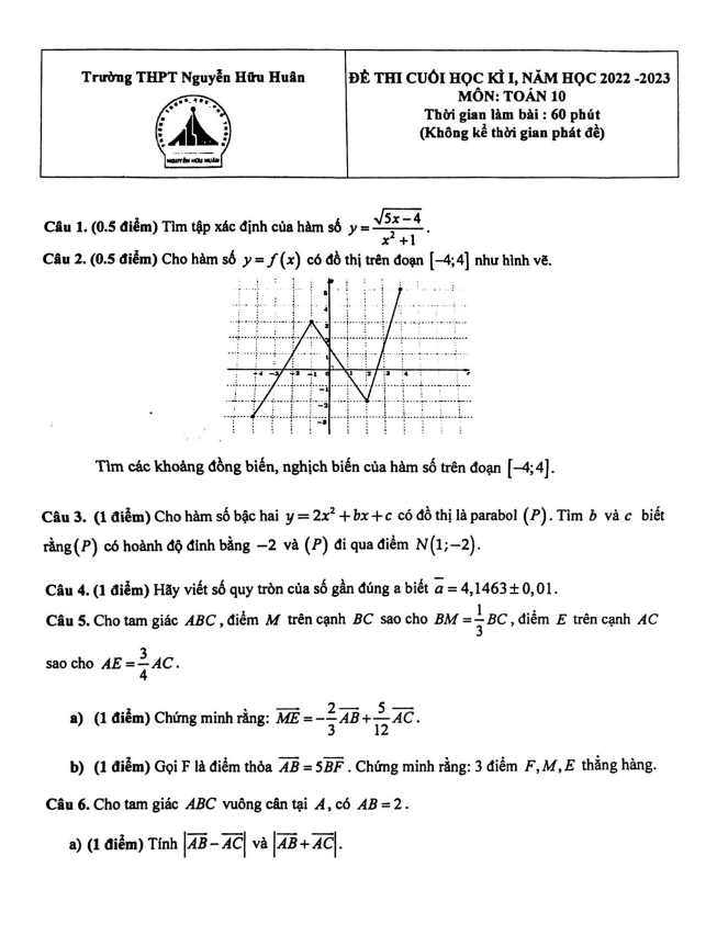 Đề cuối kì 1 Toán 10 năm 2022 2023 trường THPT Nguyễn Hữu Huân TP HCM