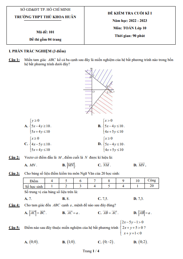Đề cuối kì 1 Toán 10 năm 2022 2023 trường THPT Thủ Khoa Huân TP HCM