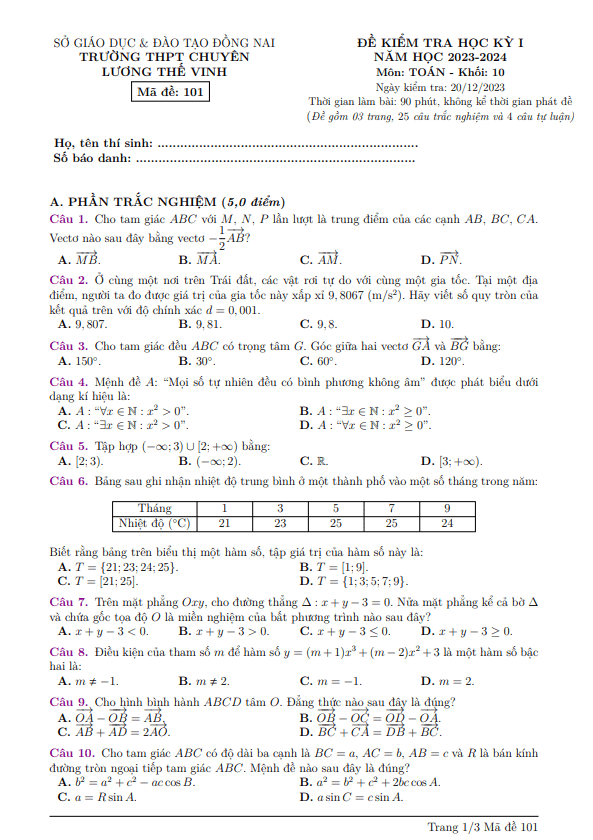 Đề cuối kì 1 Toán 10 năm 2023 2024 trường chuyên Lương Thế Vinh Đồng Nai