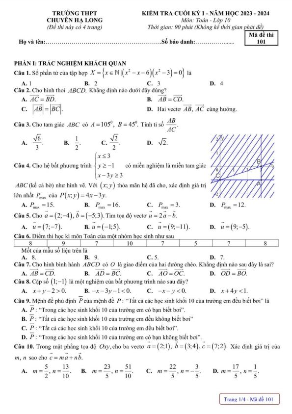 Đề cuối kì 1 Toán 10 năm 2023 2024 trường THPT chuyên Hạ Long Quảng Ninh