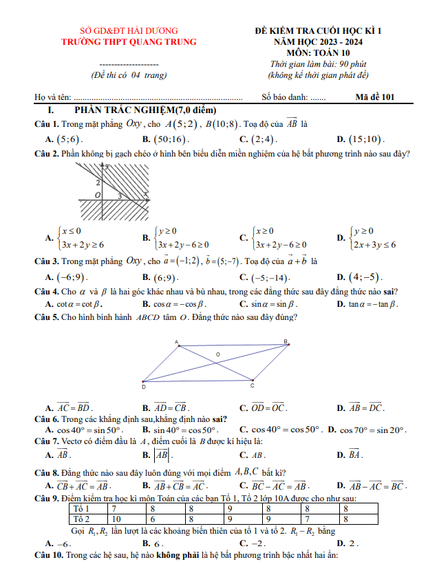 Đề cuối kì 1 Toán 10 năm 2023 2024 trường THPT Quang Trung Hải Dương