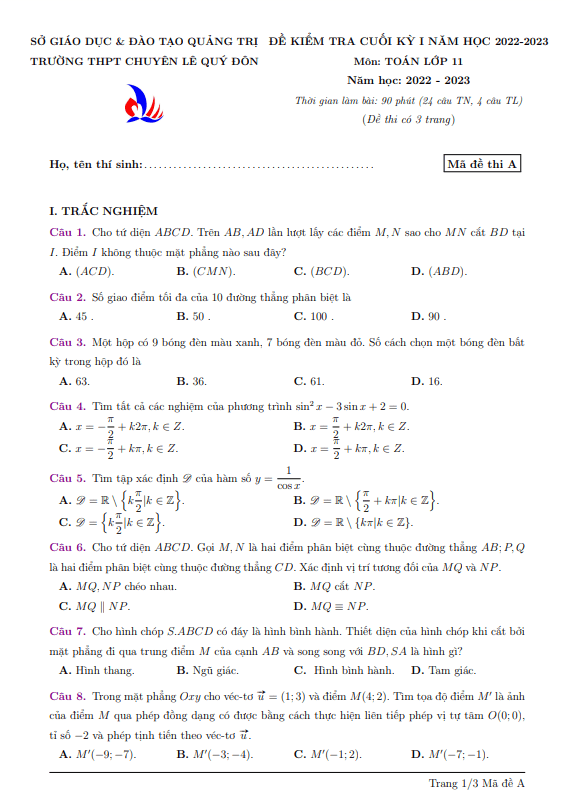 Đề cuối kì 1 Toán 11 năm 2022 2023 trường chuyên Lê Quý Đôn Quảng Trị