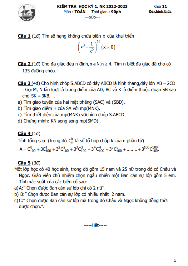 Đề cuối kì 1 Toán 11 năm 2022 2023 trường THPT Gia Định TP HCM