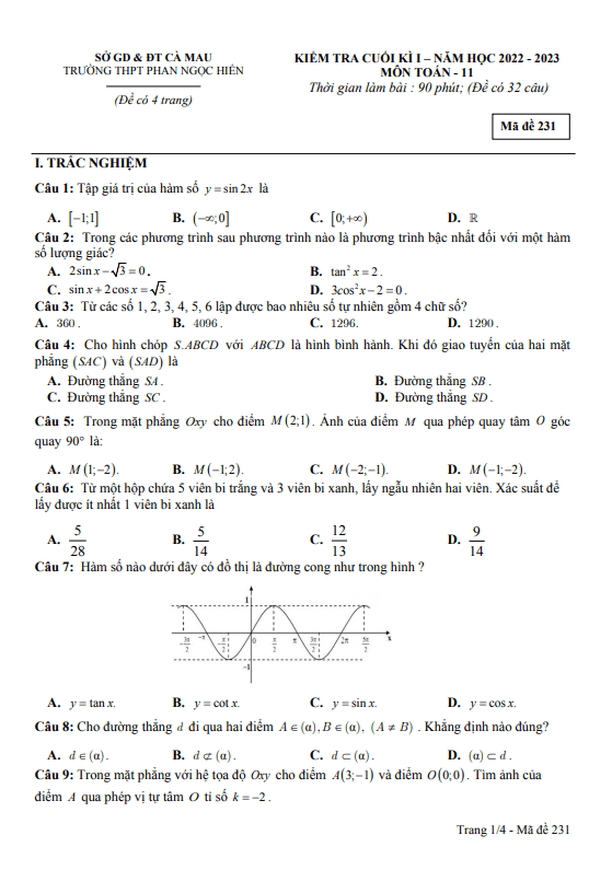 Đề cuối kì 1 Toán 11 năm 2022 2023 trường THPT Phan Ngọc Hiển Cà Mau