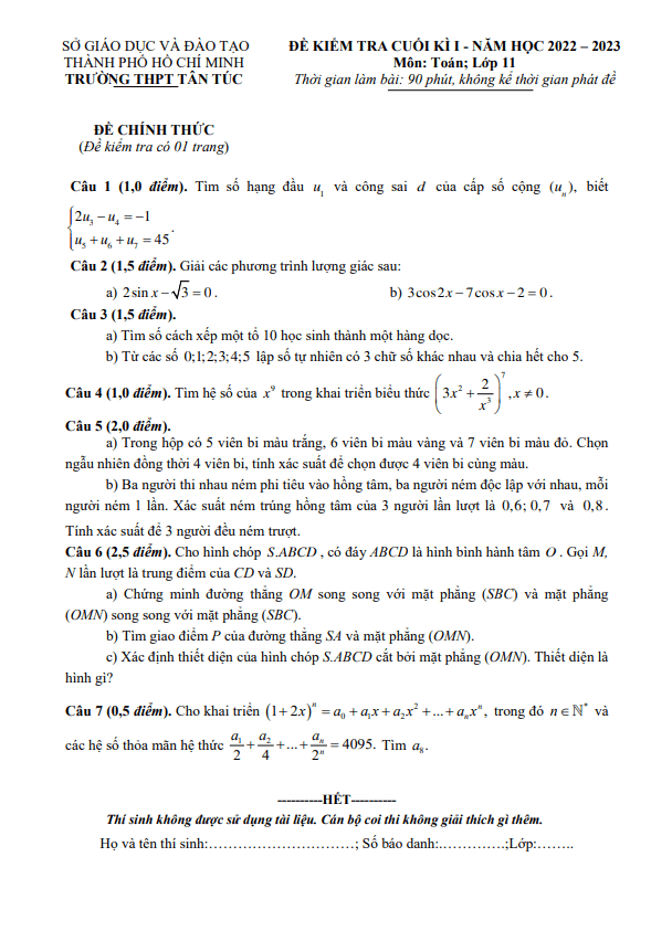Đề cuối kì 1 Toán 11 năm 2022 2023 trường THPT Tân Túc TP HCM