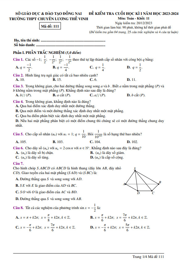 Đề cuối kì 1 Toán 11 năm 2023 2024 trường chuyên Lương Thế Vinh Đồng Nai