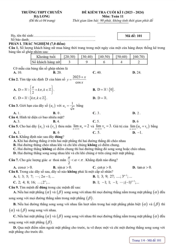 Đề cuối kì 1 Toán 11 năm 2023 2024 trường THPT chuyên Hạ Long Quảng Ninh