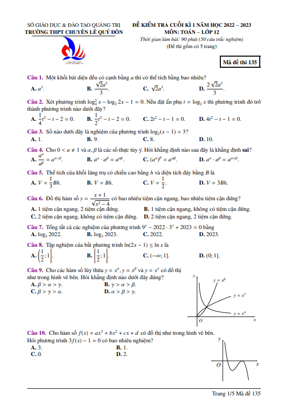 Đề cuối kì 1 Toán 12 năm 2022 2023 trường chuyên Lê Quý Đôn Quảng Trị