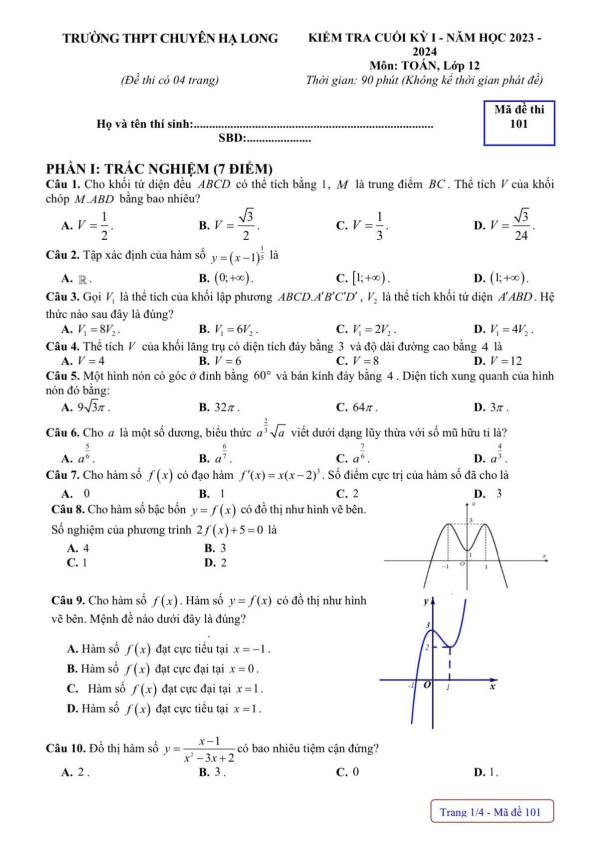 Đề cuối kì 1 Toán 12 năm 2023 2024 trường THPT chuyên Hạ Long Quảng Ninh