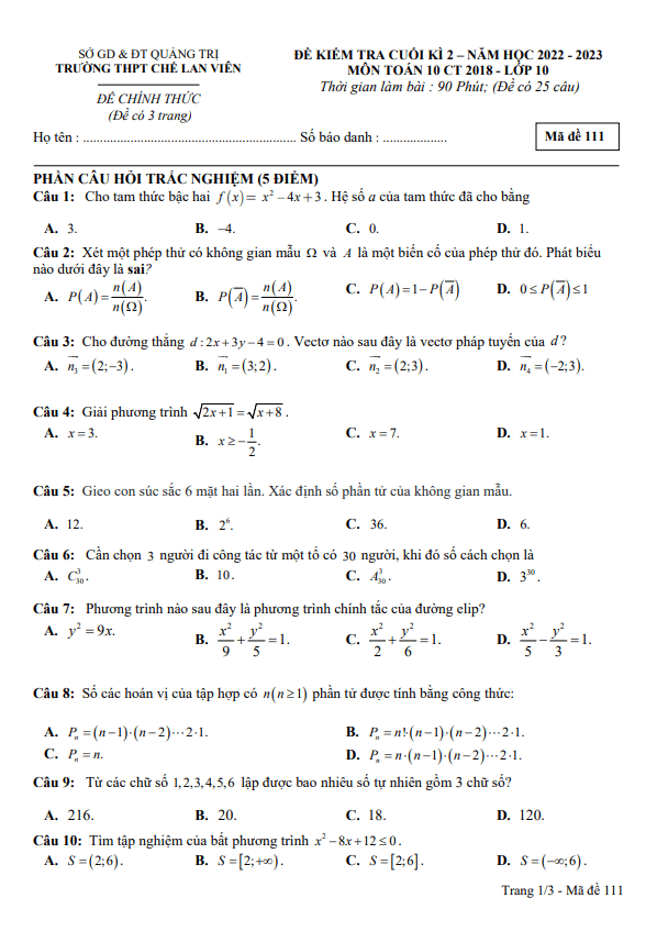 Đề cuối kì 2 Toán 10 năm 2022 2023 trường THPT Chế Lan Viên Quảng Trị
