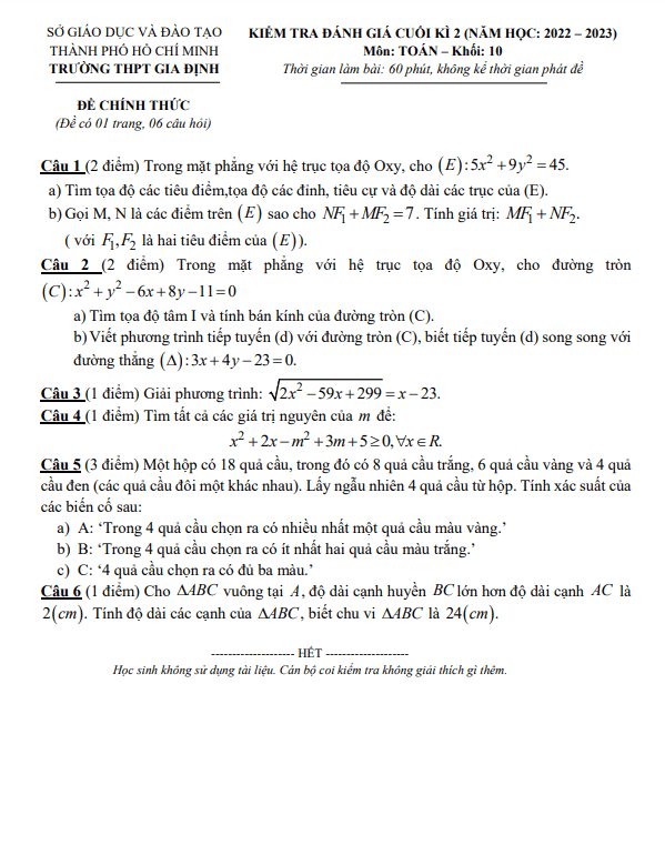 Đề cuối kì 2 Toán 10 năm 2022 2023 trường THPT Gia Định TP HCM