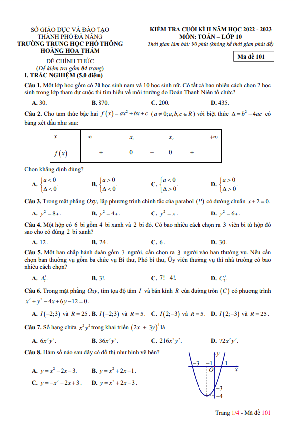 Đề cuối kì 2 Toán 10 năm 2022 2023 trường THPT Hoàng Hoa Thám Đà Nẵng