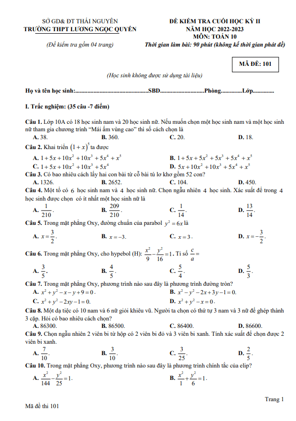 Đề cuối kì 2 Toán 10 năm 2022 2023 trường THPT Lương Ngọc Quyến Thái Nguyên