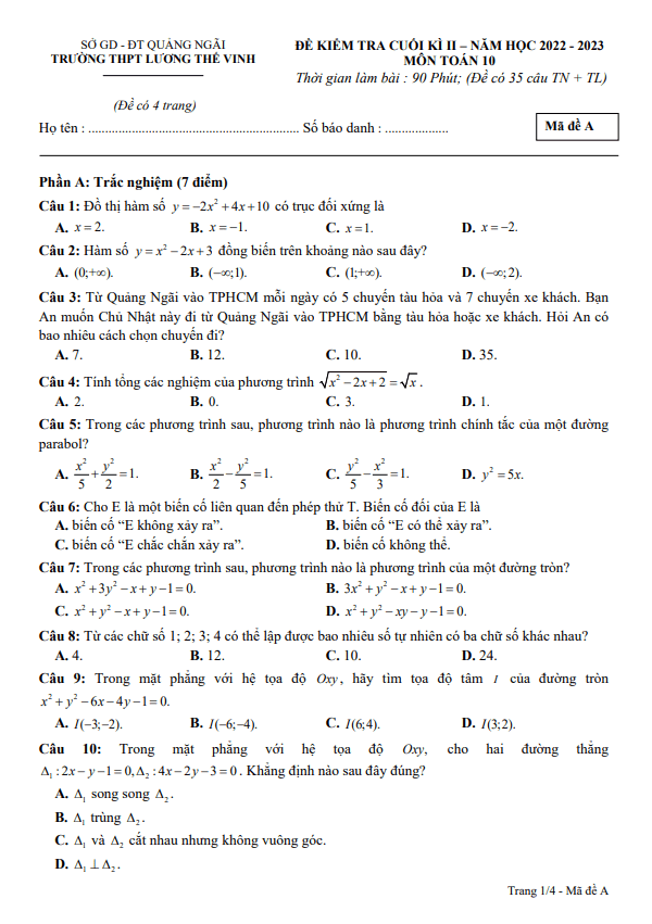 Đề cuối kì 2 Toán 10 năm 2022 2023 trường THPT Lương Thế Vinh Quảng Ngãi