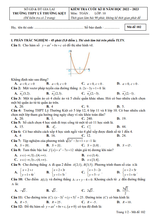Đề cuối kì 2 Toán 10 năm 2022 2023 trường THPT Lý Thường Kiệt Gia Lai